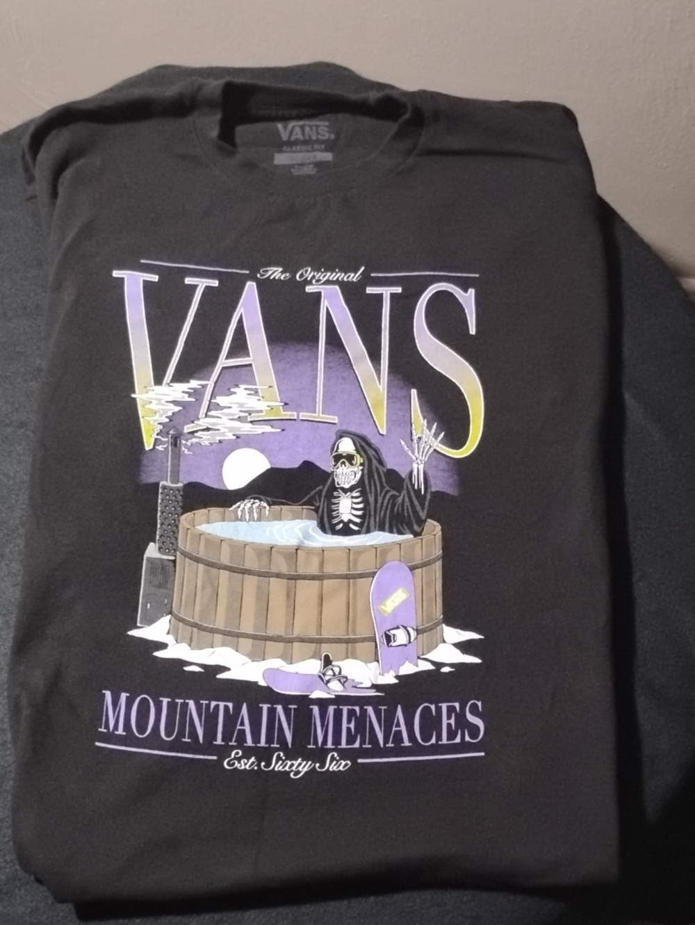 Vans Black 'Mountain Menaces' Long Sleeve Graphic Tee with Purple Accents